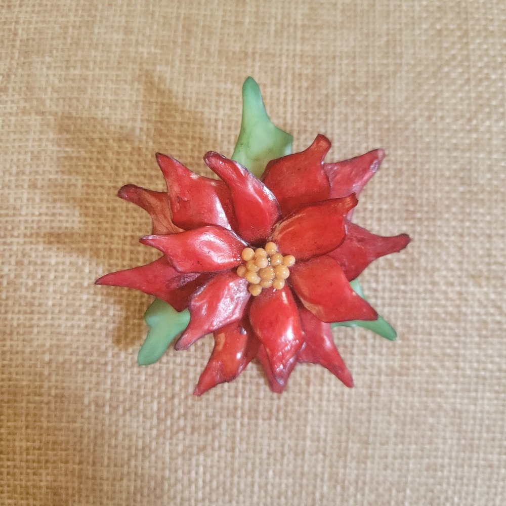 Vintage Red Poinsettia Flower Brooch Pin Christmas Holiday Jewelry Size 2.5in